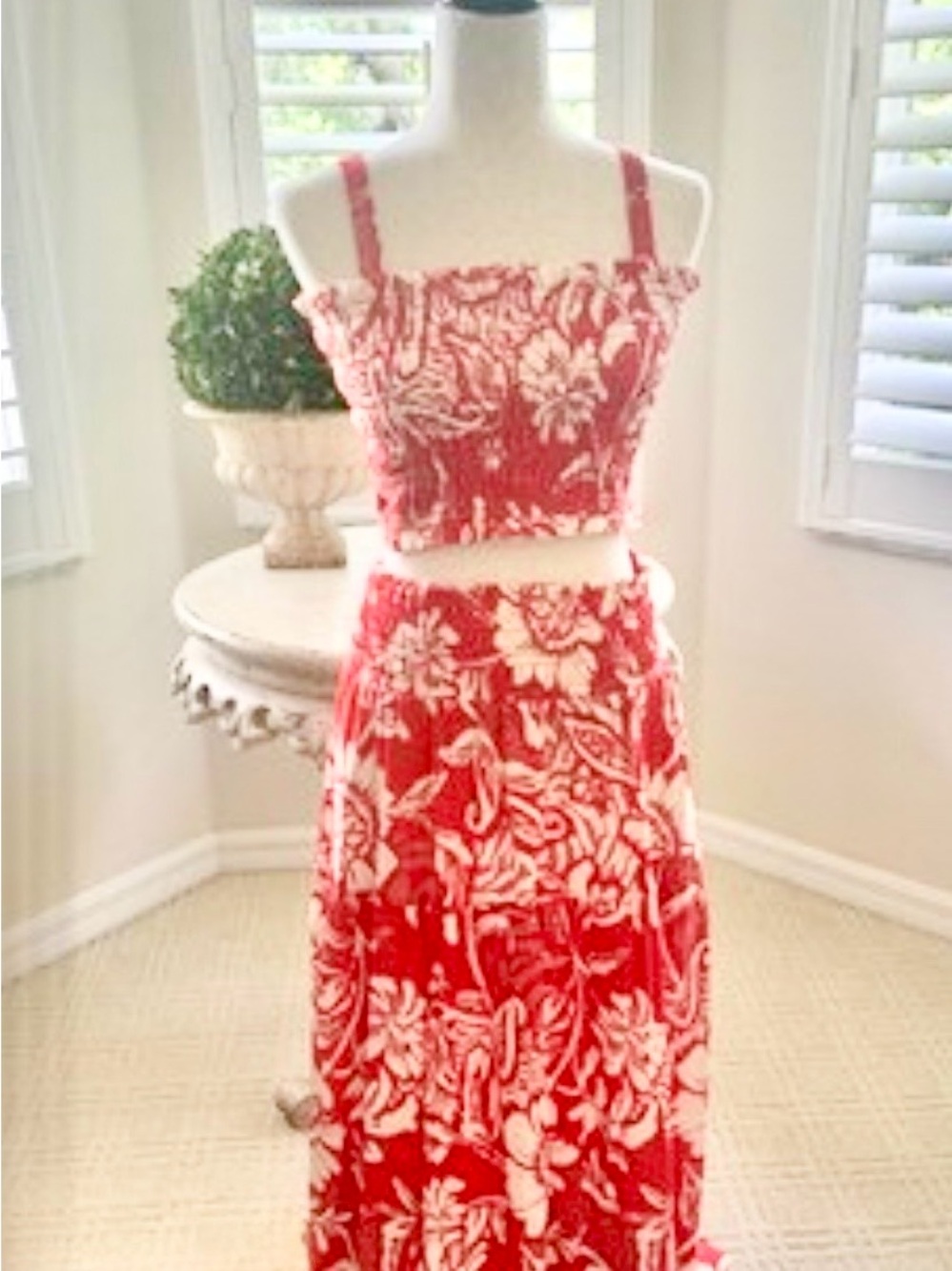 Paper Heart Floral Coral Red White Cream 2 Piece Maxi Dress Halter Top Crop NWT